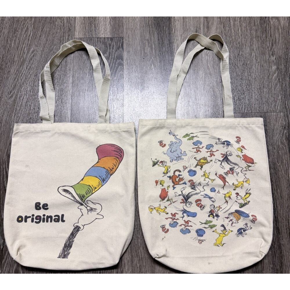Dr Seuss Tote Bag Bundle Lot 2 Canvas Cat in the Hat Reusable Book Bags Teacher